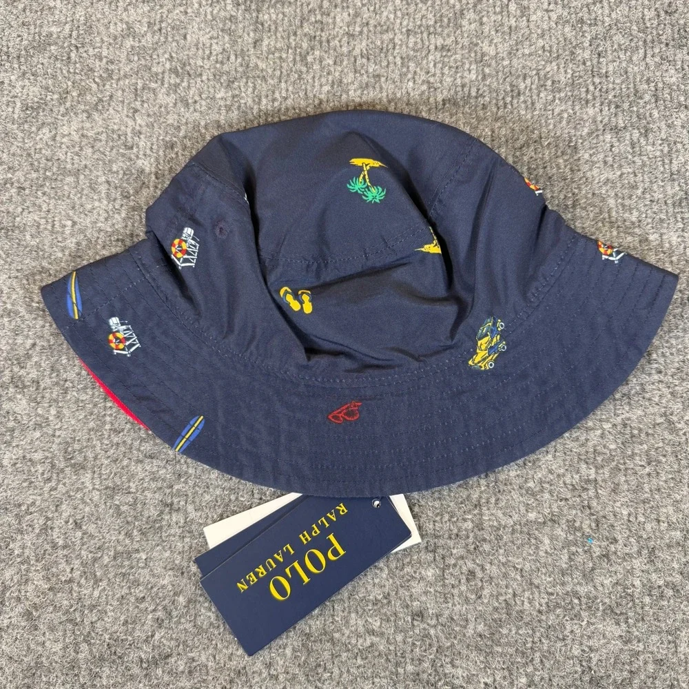 Polo Ralph Lauren Kid Reversible Bucket Hat Navy Beach Print Red 2T-4T NWT #3882